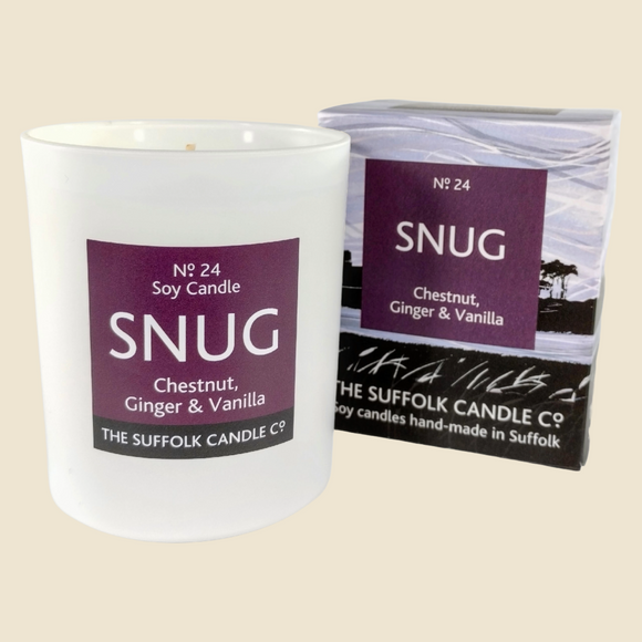 SNUG - Chestnut, Ginger and Vanilla - handmade soy candle - 200g - white glass